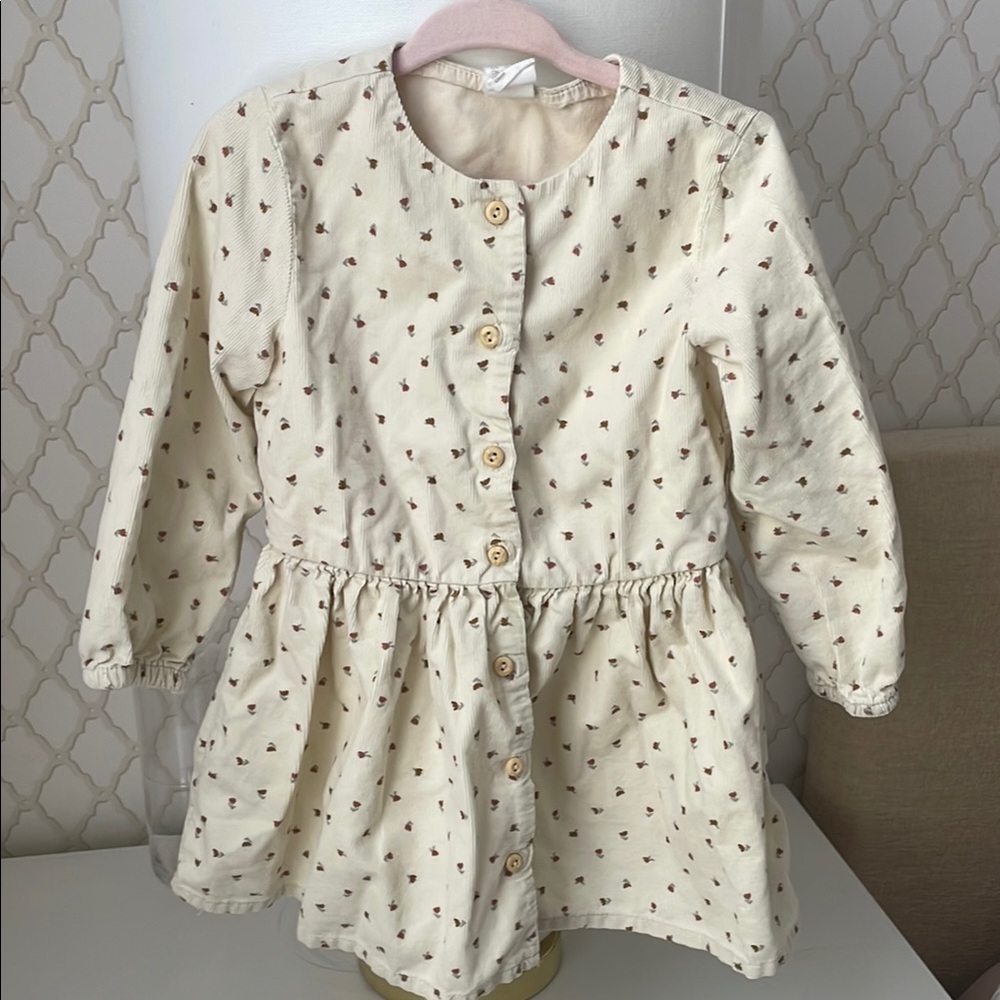 Cream Corduroy Button-Up Dress with Red floral Print and Matching bloomers